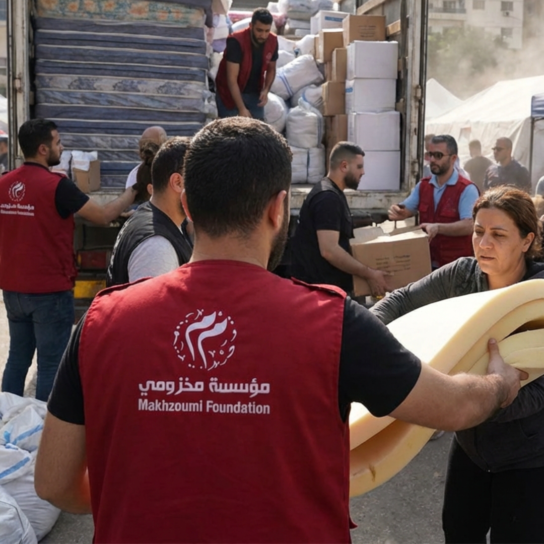 Volunteer from Makhzoumi Foundation seen from the back wearing a red vest while helping unload and distribute large bags of relief supplies from a truck during a humanitarian aid operation.